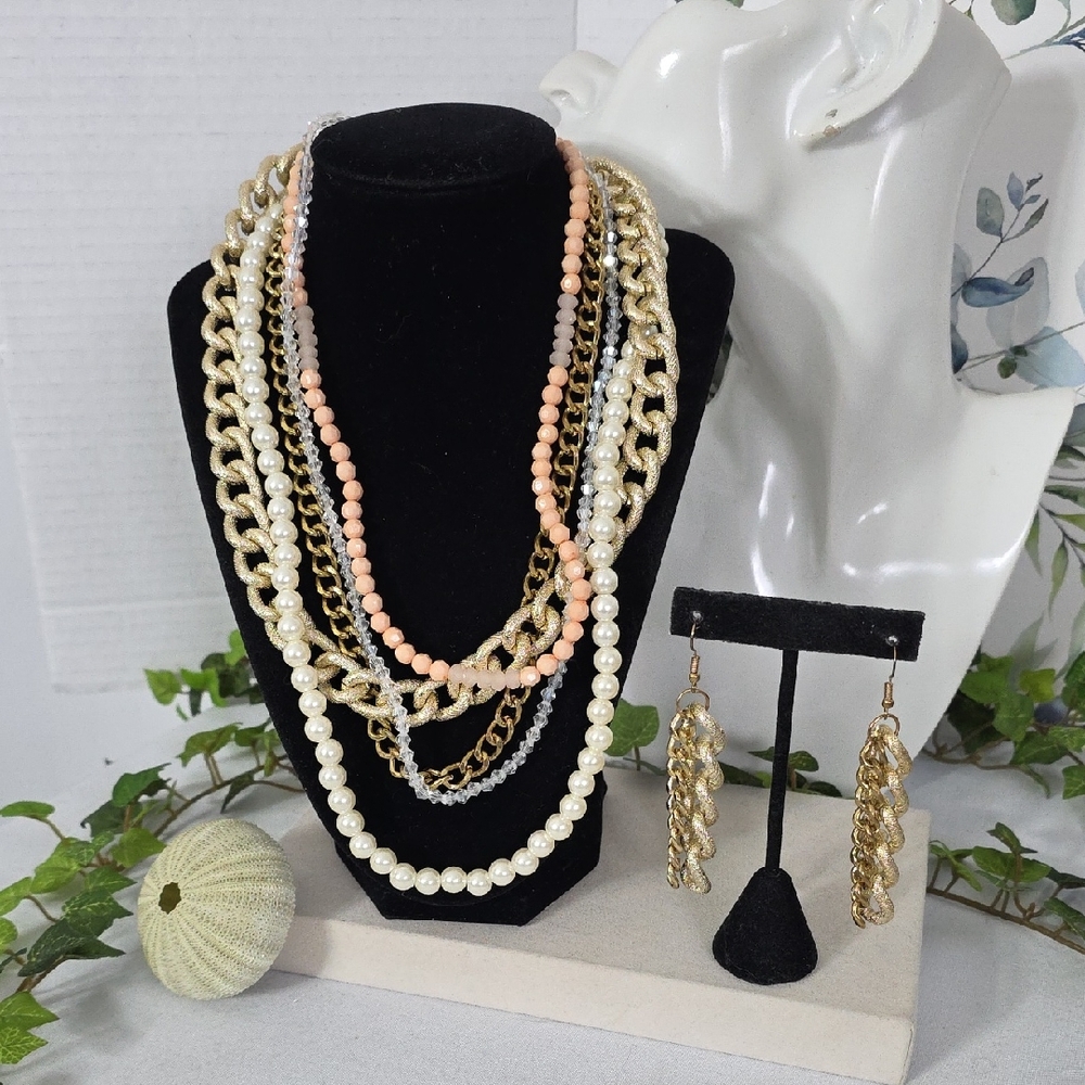 Chunky Gold Chain & Faux Pearl Layered Necklace Set with Matching Drop Earrings